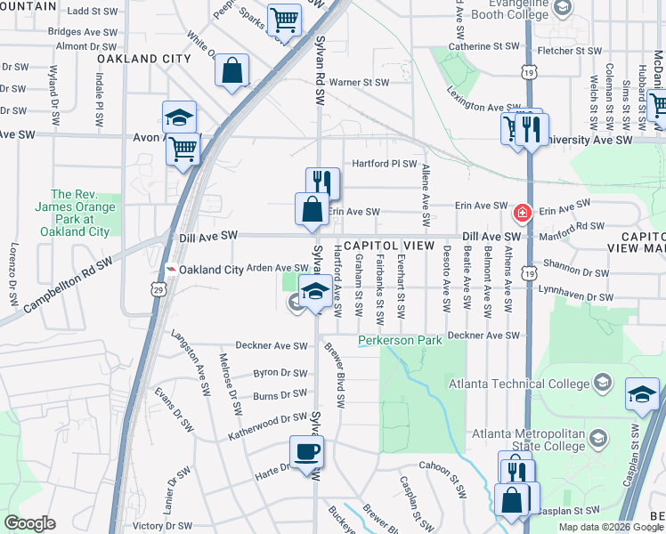 map of restaurants, bars, coffee shops, grocery stores, and more near 1386 Hartford Avenue Southwest in Atlanta
