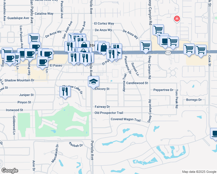 map of restaurants, bars, coffee shops, grocery stores, and more near 74130 Chicory Street in Palm Desert