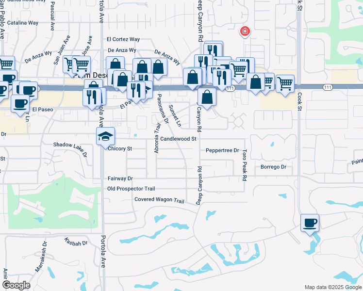 map of restaurants, bars, coffee shops, grocery stores, and more near 45676 Panorama Drive in Palm Desert