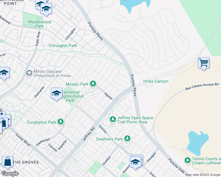 map of restaurants, bars, coffee shops, grocery stores, and more near 111 Tartan in Irvine