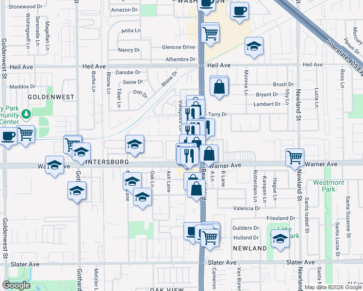 map of restaurants, bars, coffee shops, grocery stores, and more near 7911 Woodlake Drive in Huntington Beach