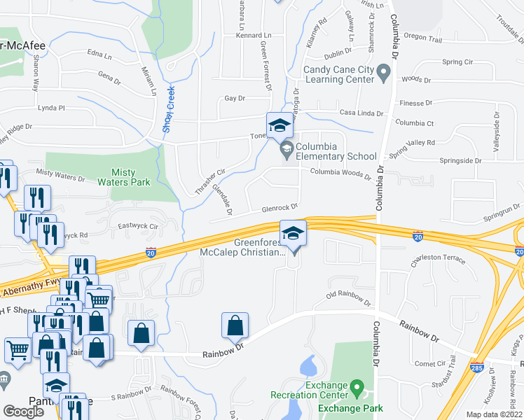 map of restaurants, bars, coffee shops, grocery stores, and more near Glenrock Drive in Decatur