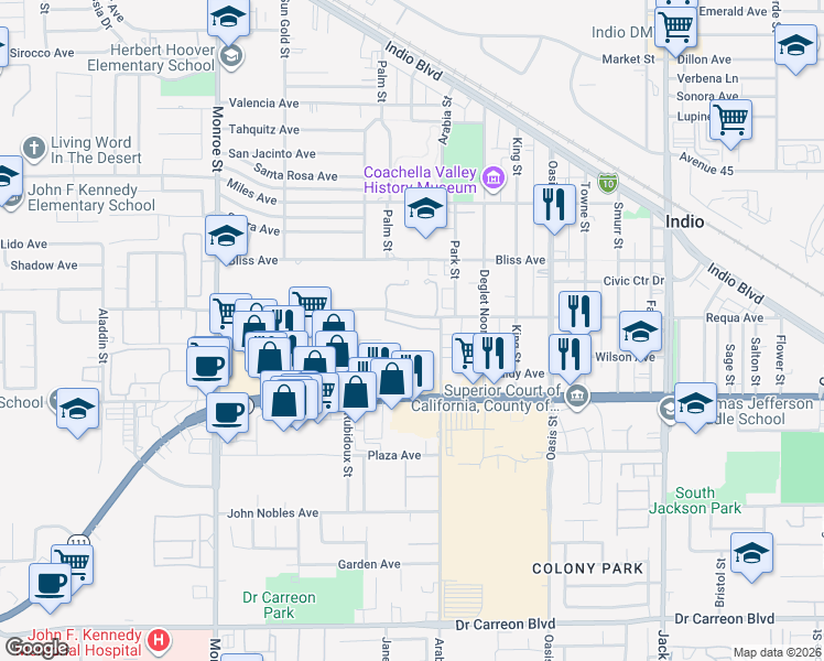 map of restaurants, bars, coffee shops, grocery stores, and more near 82435 Requa Avenue in Indio