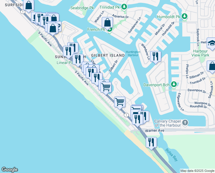 map of restaurants, bars, coffee shops, grocery stores, and more near 16923 Park Avenue in Huntington Beach