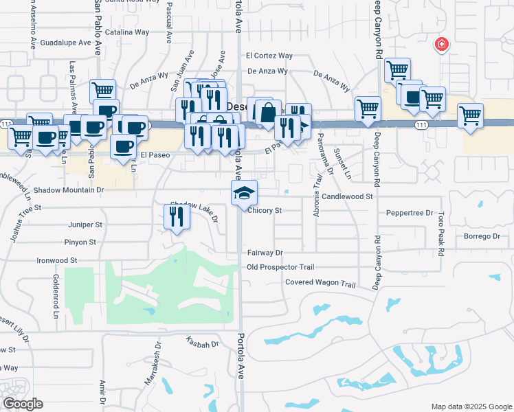 map of restaurants, bars, coffee shops, grocery stores, and more near 74050 Chicory Street in Palm Desert