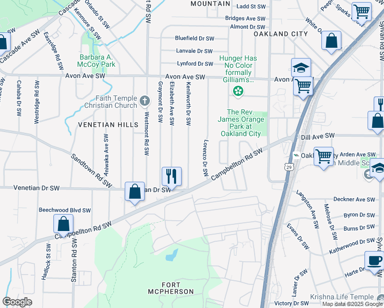 map of restaurants, bars, coffee shops, grocery stores, and more near 1392 Kenilworth Drive Southwest in Atlanta