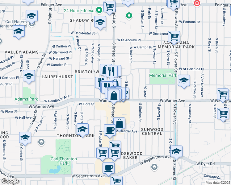 map of restaurants, bars, coffee shops, grocery stores, and more near 2223 South Bristol Street in Santa Ana
