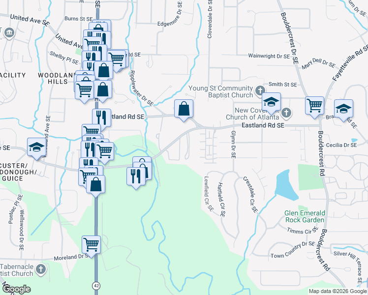 map of restaurants, bars, coffee shops, grocery stores, and more near 1403 Custer Avenue Southeast in Atlanta
