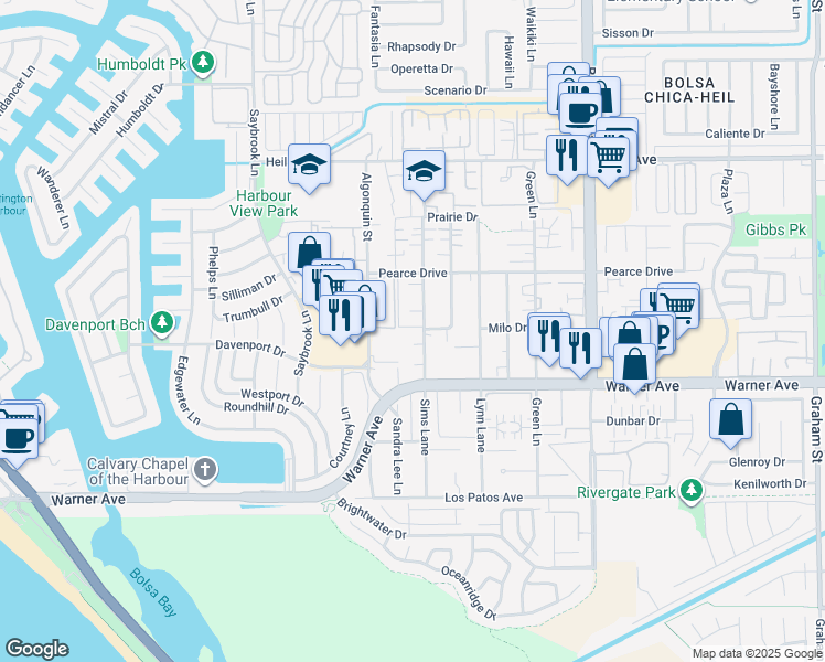 map of restaurants, bars, coffee shops, grocery stores, and more near 16861 Sims Lane in Huntington Beach
