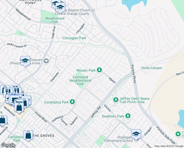 map of restaurants, bars, coffee shops, grocery stores, and more near 120 Espina in Irvine