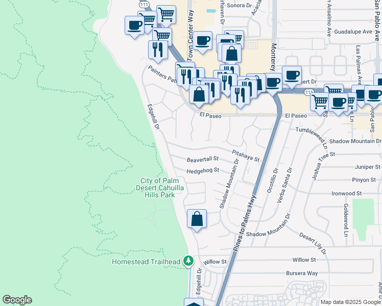 map of restaurants, bars, coffee shops, grocery stores, and more near 72605 Pitahaya Street in Palm Desert