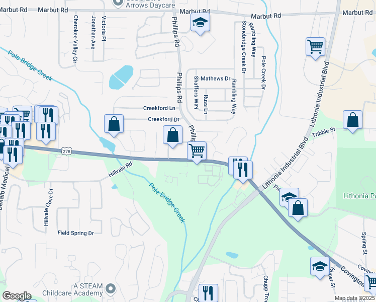 map of restaurants, bars, coffee shops, grocery stores, and more near 7046 U.S. 278 in Lithonia
