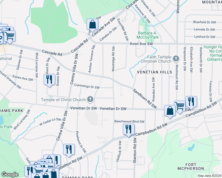 map of restaurants, bars, coffee shops, grocery stores, and more near 1421 Westridge Road Southwest in Atlanta