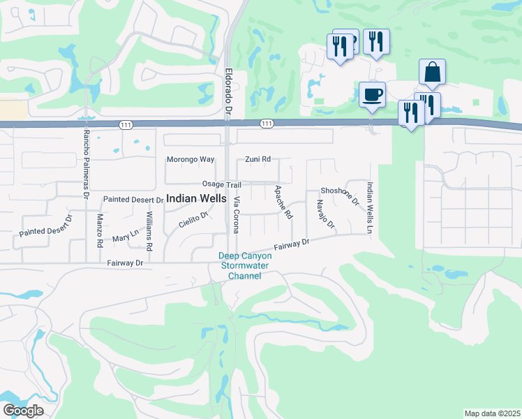 map of restaurants, bars, coffee shops, grocery stores, and more near 76140 Vía Mariposa in Indian Wells