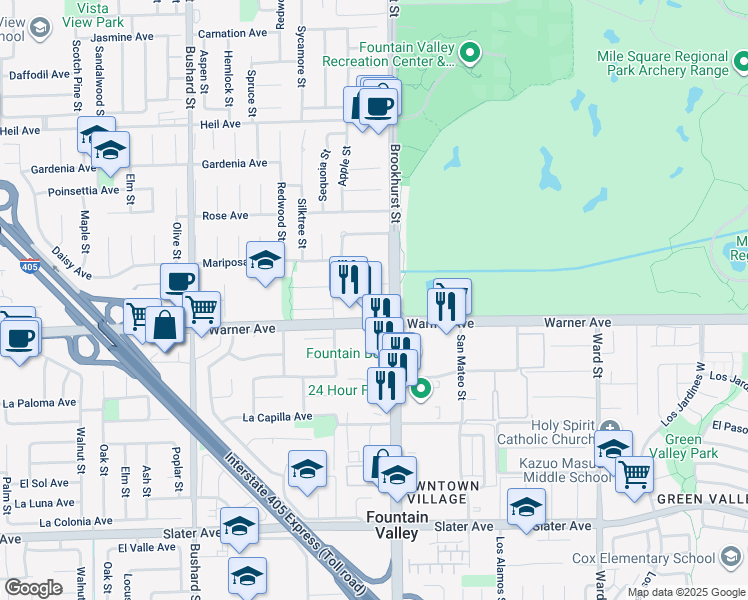 map of restaurants, bars, coffee shops, grocery stores, and more near 16935 Mount Hanna Circle in Fountain Valley
