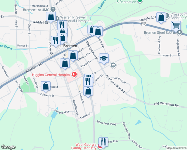 map of restaurants, bars, coffee shops, grocery stores, and more near 323 Laurel Street in Bremen