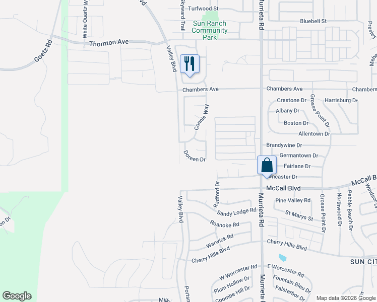 map of restaurants, bars, coffee shops, grocery stores, and more near 27953 Doreen Drive in Menifee