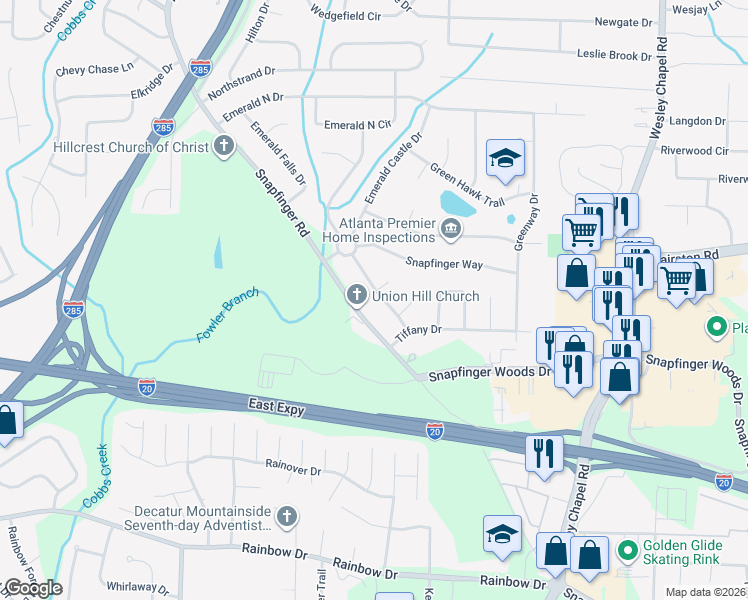 map of restaurants, bars, coffee shops, grocery stores, and more near 2421 Tiffany Place in Decatur