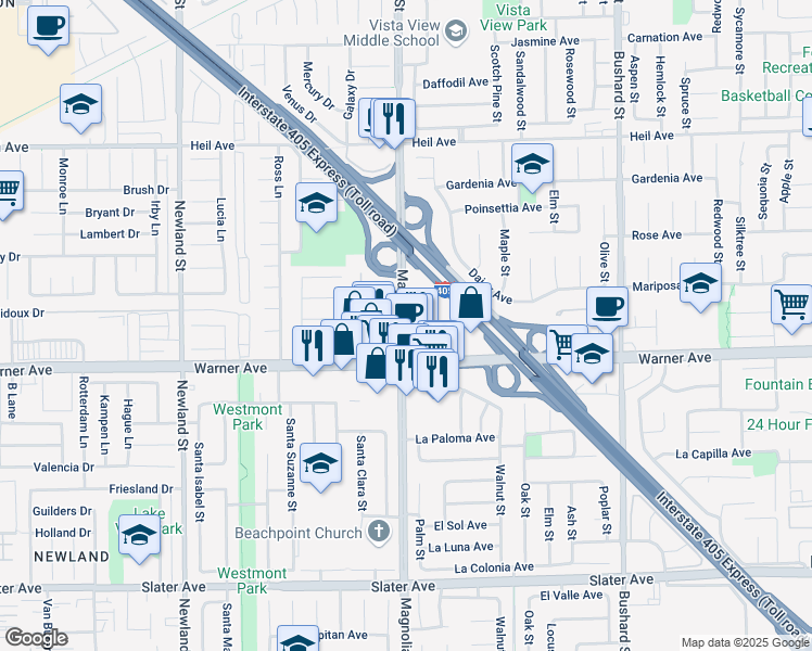 map of restaurants, bars, coffee shops, grocery stores, and more near 16922 Magnolia Street in Fountain Valley