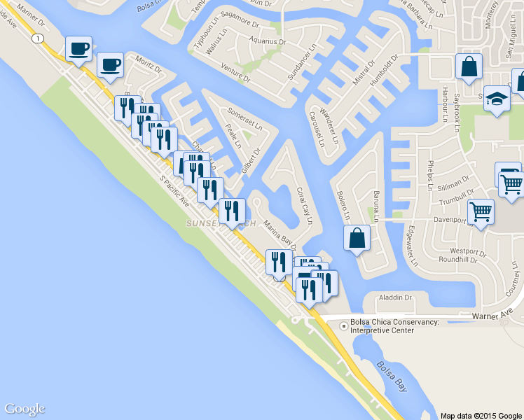 map of restaurants, bars, coffee shops, grocery stores, and more near 16892 Marina Bay Drive in Huntington Beach