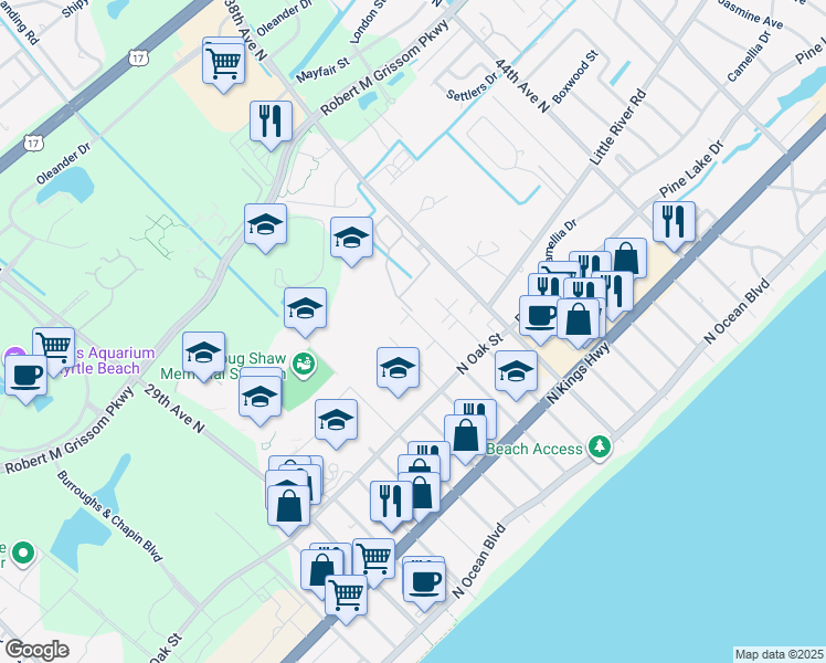 map of restaurants, bars, coffee shops, grocery stores, and more near 617 f 36th Avenue North in Myrtle Beach