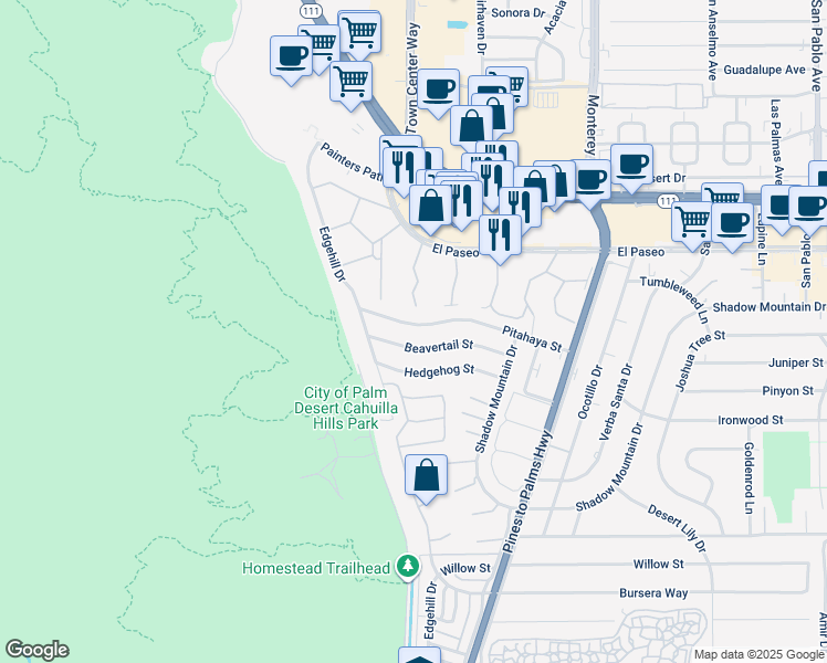 map of restaurants, bars, coffee shops, grocery stores, and more near 72605 Pitahaya Street in Palm Desert