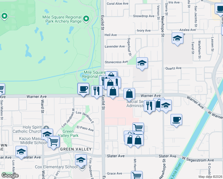 map of restaurants, bars, coffee shops, grocery stores, and more near 11095 Warner Avenue in Fountain Valley