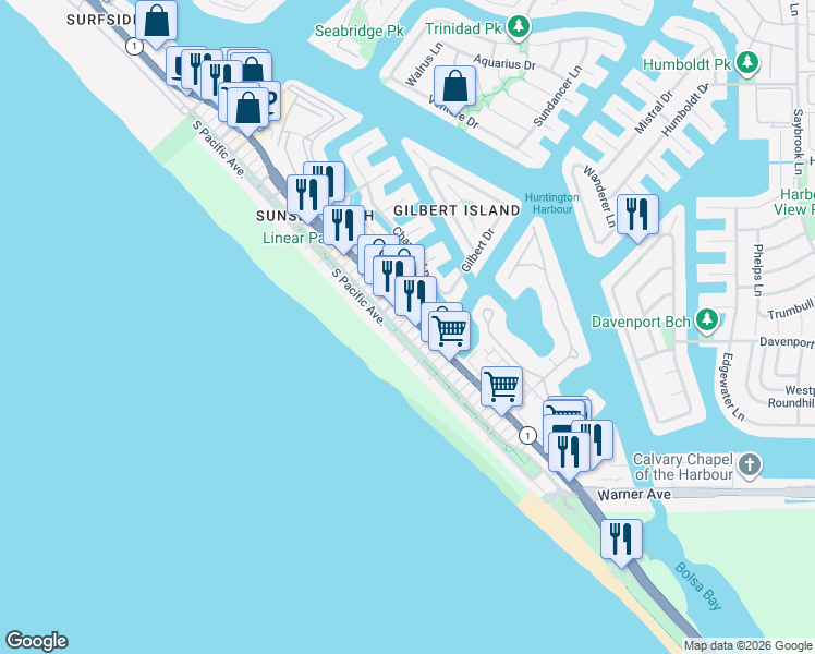 map of restaurants, bars, coffee shops, grocery stores, and more near 16873 California 1 in Huntington Beach