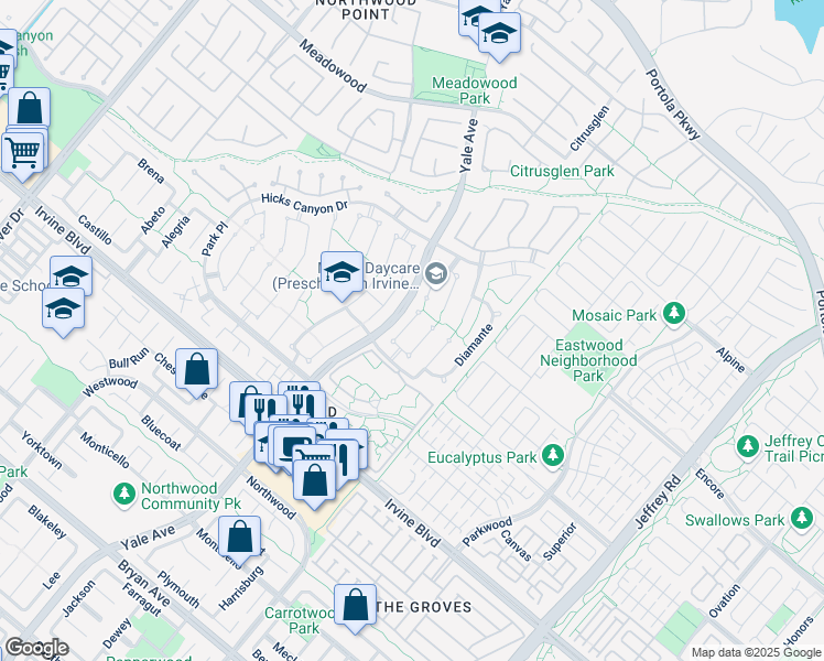 map of restaurants, bars, coffee shops, grocery stores, and more near 20 Lucero West in Irvine