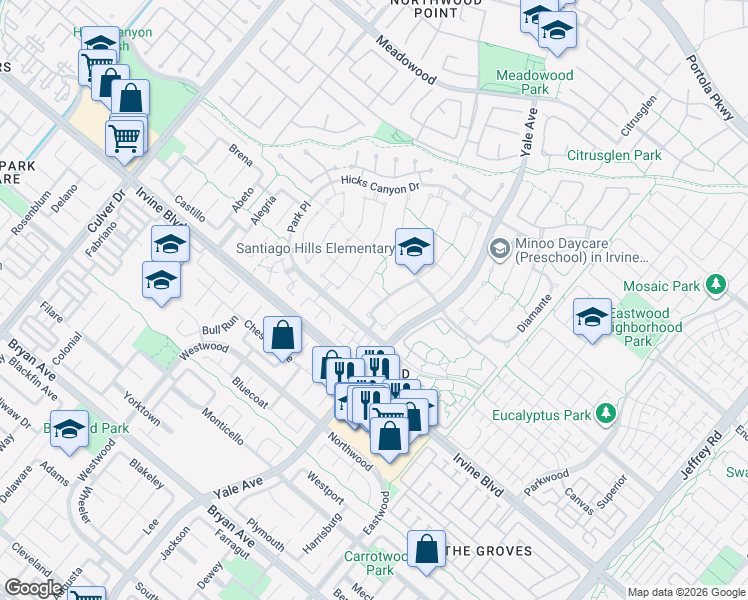 map of restaurants, bars, coffee shops, grocery stores, and more near 15 Christamon West in Irvine