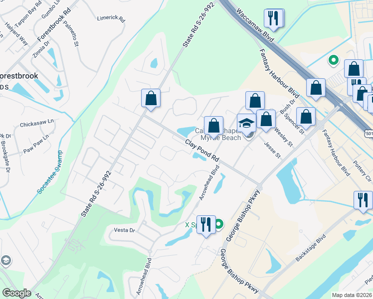 map of restaurants, bars, coffee shops, grocery stores, and more near 3679 Clay Pond Road in Myrtle Beach