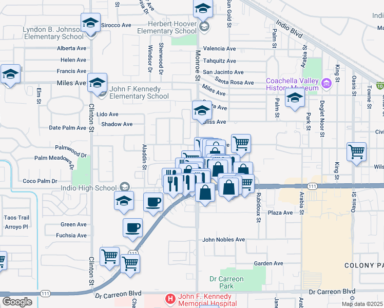 map of restaurants, bars, coffee shops, grocery stores, and more near 81-901 Shadow Palm Avenue in Indio