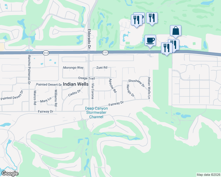 map of restaurants, bars, coffee shops, grocery stores, and more near 45595 Apache Road in Indian Wells