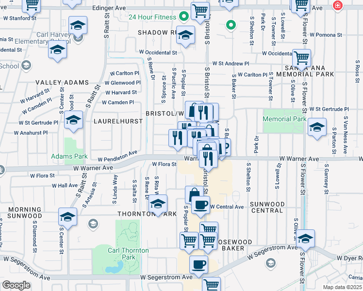 map of restaurants, bars, coffee shops, grocery stores, and more near 2201 South Pacific Avenue in Santa Ana