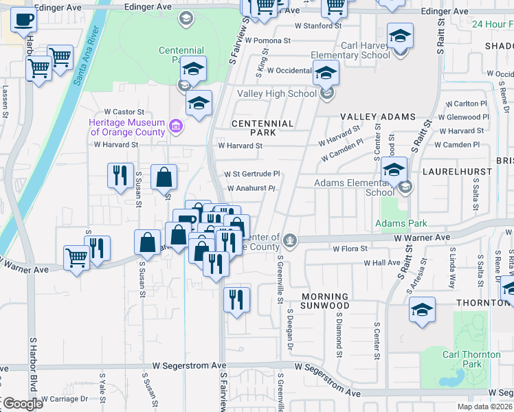 map of restaurants, bars, coffee shops, grocery stores, and more near 2710 West Maywood Avenue in Santa Ana