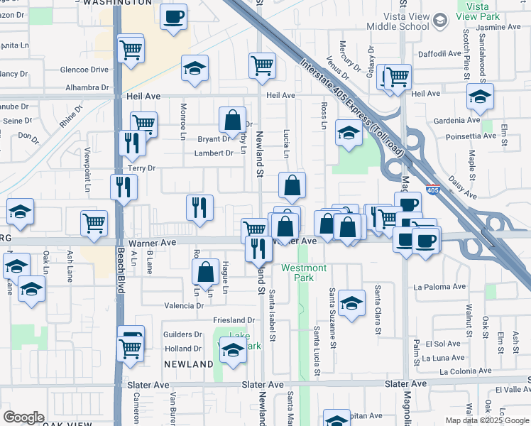 map of restaurants, bars, coffee shops, grocery stores, and more near 16891 Newland Street in Huntington Beach