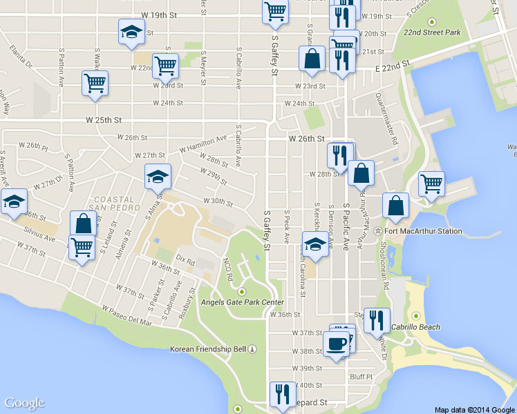 map of restaurants, bars, coffee shops, grocery stores, and more near 2915 South Gaffey Street in Los Angeles