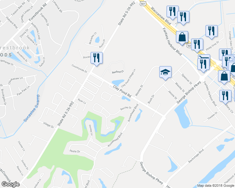 map of restaurants, bars, coffee shops, grocery stores, and more near 3683 Clay Pond Road in Myrtle Beach