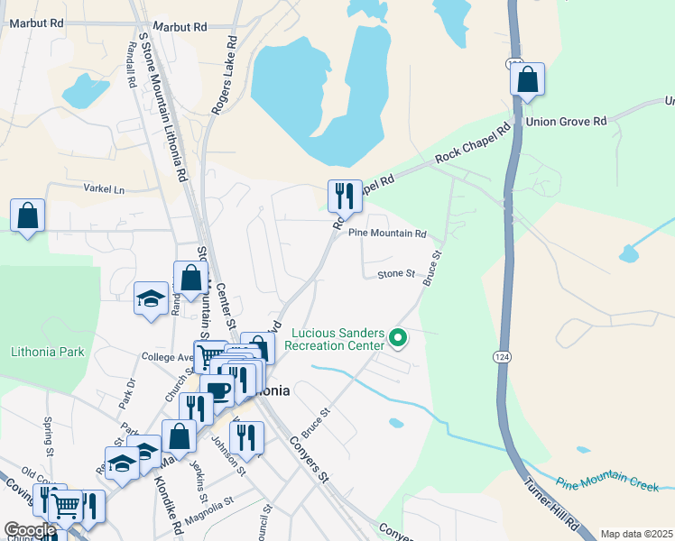 map of restaurants, bars, coffee shops, grocery stores, and more near 2610 Rock Chapel Road in Lithonia