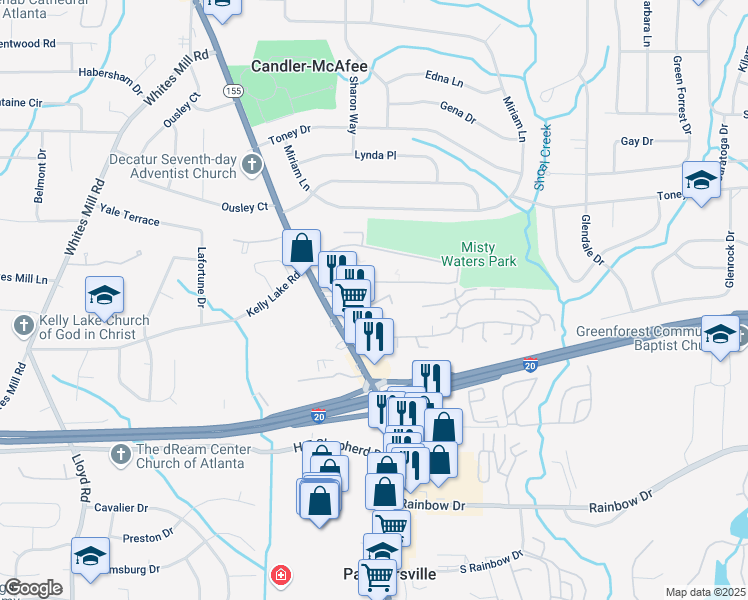map of restaurants, bars, coffee shops, grocery stores, and more near 2520 Candler Road in Decatur