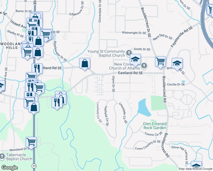 map of restaurants, bars, coffee shops, grocery stores, and more near 1425 Olden Lane in Atlanta