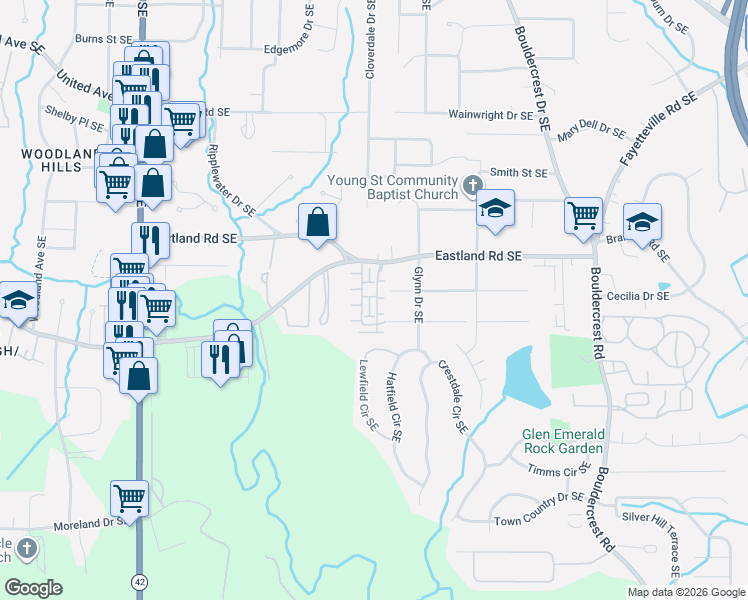 map of restaurants, bars, coffee shops, grocery stores, and more near 1425 Olden Lane in Atlanta