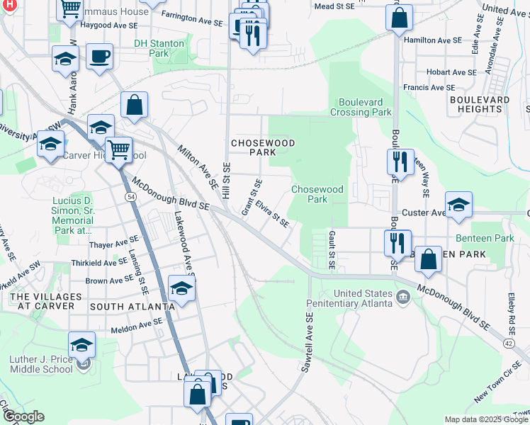 map of restaurants, bars, coffee shops, grocery stores, and more near 1375 Miller Reed Avenue Southeast in Atlanta
