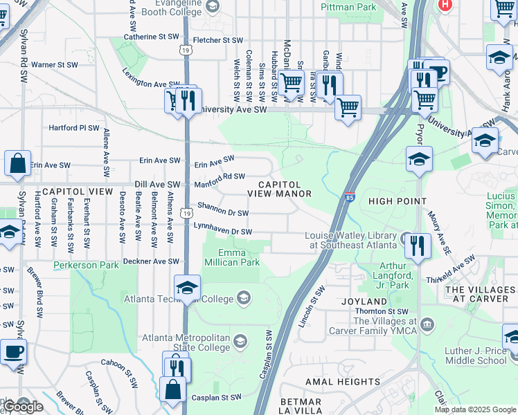 map of restaurants, bars, coffee shops, grocery stores, and more near 479 Shannon Drive Southwest in Atlanta