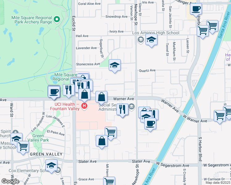 map of restaurants, bars, coffee shops, grocery stores, and more near 11328 Pennell Circle in Fountain Valley