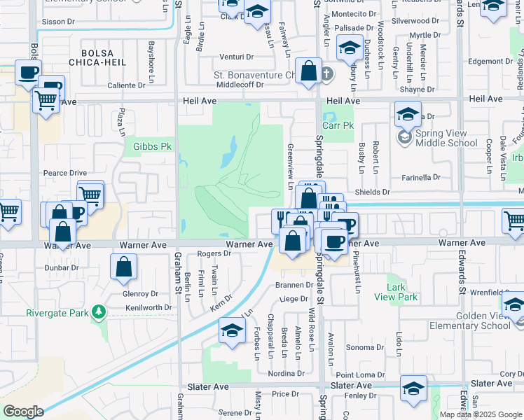 map of restaurants, bars, coffee shops, grocery stores, and more near 5791 Trophy Drive in Huntington Beach