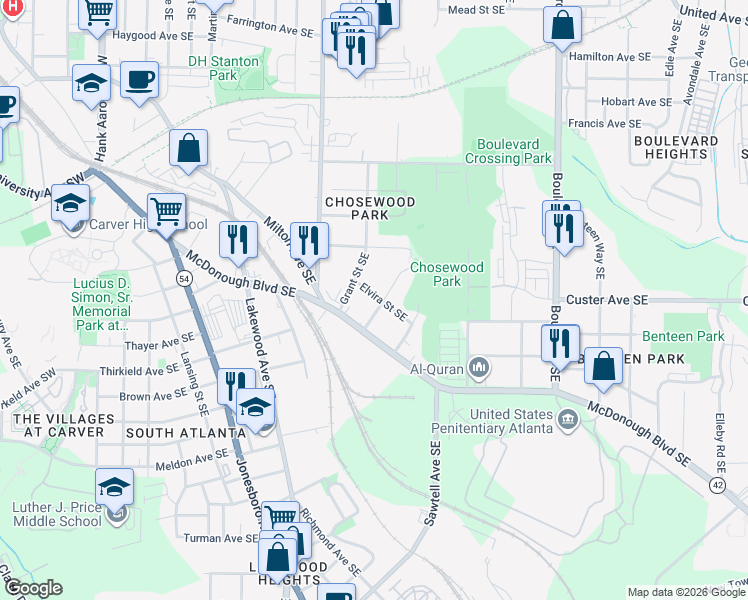 map of restaurants, bars, coffee shops, grocery stores, and more near 1381 Miller Reed Avenue Southeast in Atlanta