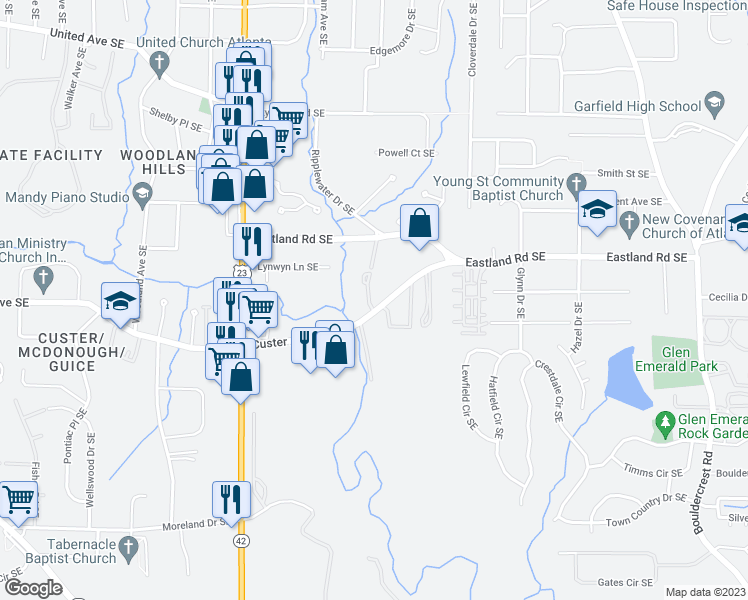 map of restaurants, bars, coffee shops, grocery stores, and more near 1316 Jandras Lane Southeast in Atlanta