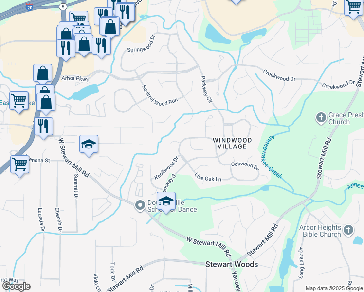 map of restaurants, bars, coffee shops, grocery stores, and more near 6741 Valley Court in Douglasville