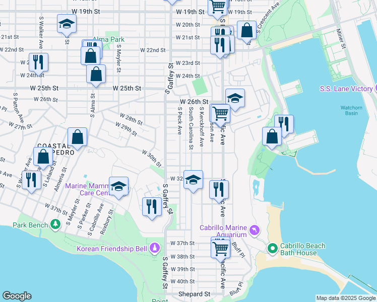 map of restaurants, bars, coffee shops, grocery stores, and more near 2937 South Carolina Street in Los Angeles